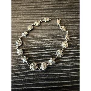 Vintage 925 Sterling Silver Seashell, Starfish, & Sand Dollar Charm Bracelet
